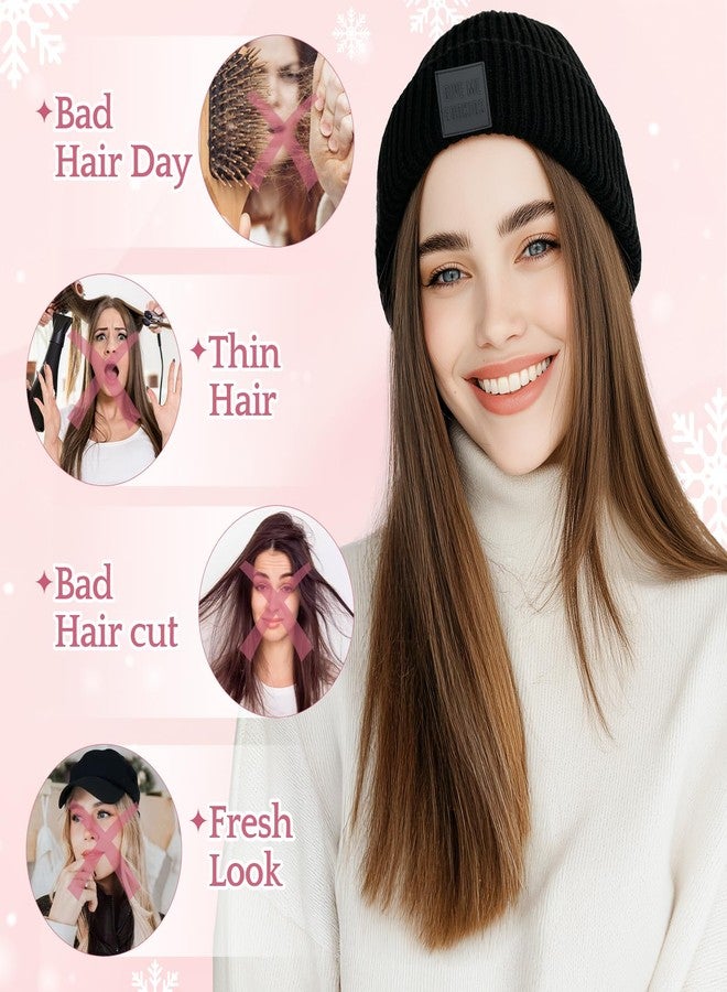 SEGO Beanie Wig for Women Hat with Hair Extensions Cap with Hair Attached for Women Synthetic 18 Inch Wavy Curly Hairpiece Winter Warm Black and White Knitted Hat Wigs 18 - Image 5