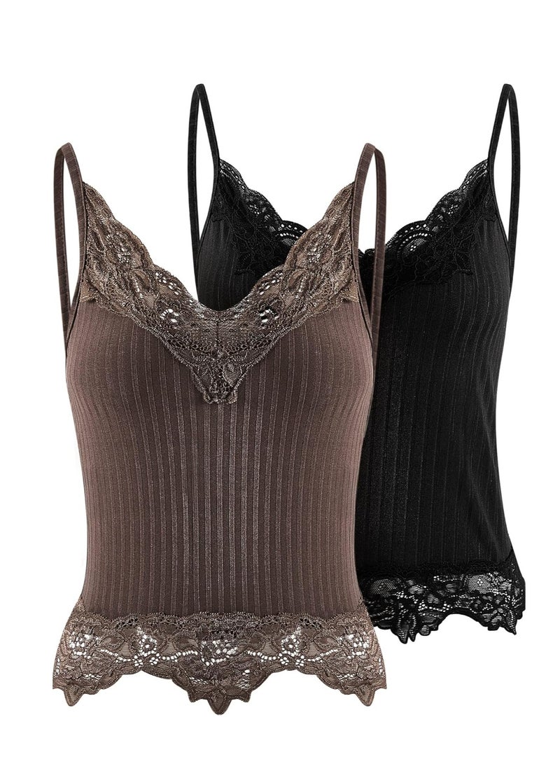 KASTWAVE 2Pcs Lace Tank,  Lace Patchwork Crop Top, Womens Loose Fit Casual Flowy Tank Tops, Cami Ribbed Knitted Tank Tops, Women's Slim-Fit Tank, Black and Brown, XL - Image 1