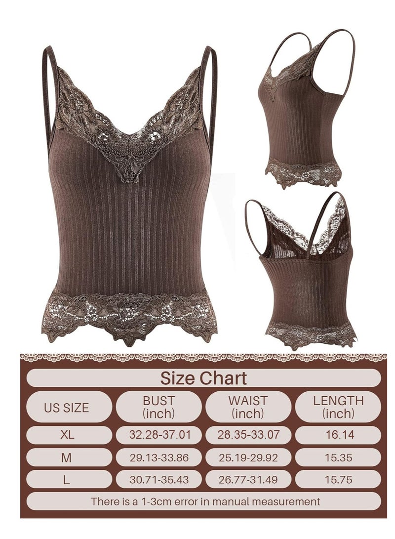 KASTWAVE 2Pcs Lace Tank,  Lace Patchwork Crop Top, Womens Loose Fit Casual Flowy Tank Tops, Cami Ribbed Knitted Tank Tops, Women's Slim-Fit Tank, Black and Brown, XL - Image 2