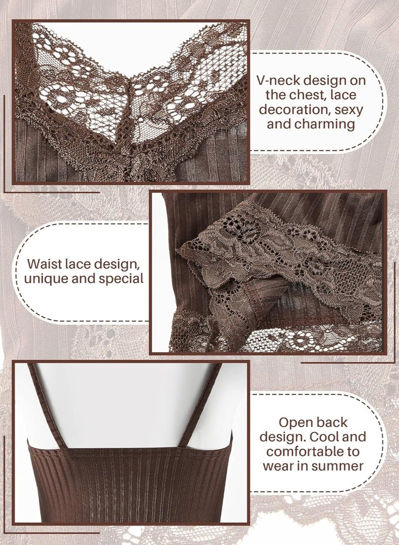 KASTWAVE 2Pcs Lace Tank,  Lace Patchwork Crop Top, Womens Loose Fit Casual Flowy Tank Tops, Cami Ribbed Knitted Tank Tops, Women's Slim-Fit Tank, Black and Brown, XL - Image 5