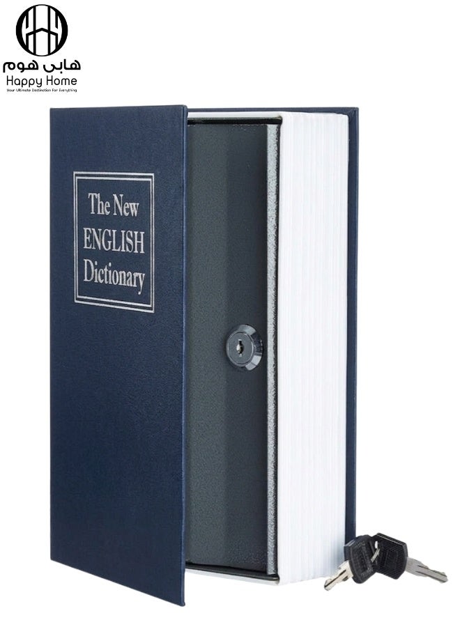 Happy Home Metal Safe 24 x 15.5 x 5.5 cm with key In The Form Of A Real Book To Save Money - Real Book Safe - Book Safe, Dictionary Diversion Hidden Book Portable Safe Box, for Storing Money, Jewelry and Passport - small metal safe box, book shape For jewelry and money- Navy Blue - Image 1