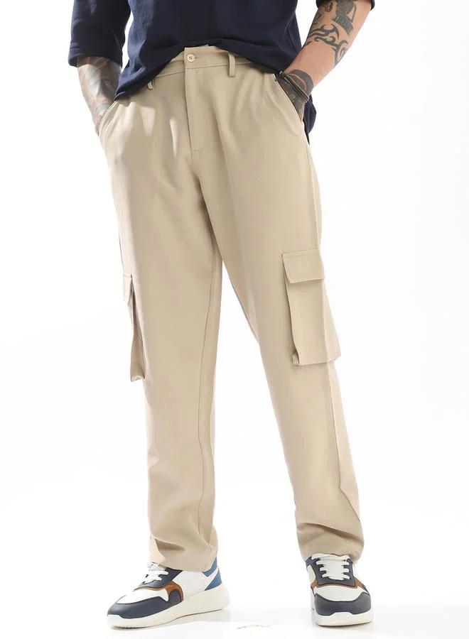 هوبرهولمي بنطلون بيج رجالي بخصر متوسط ونسيج منسوج بزر صلب بتصميم كارغو