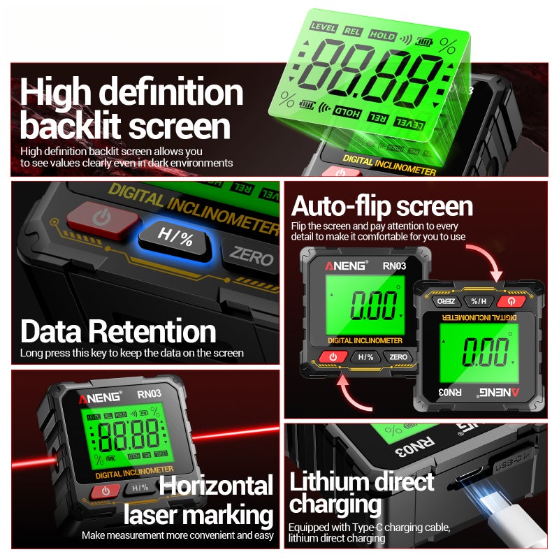Digital Angle Finder: 2-Hour Type-C Charge, Backlit LCD Display, Strong Magnets - Dual-Mode Laser & Digital Measurement, Portable Compact Design for Hands-Free Angle Measuring In Dark Or Bright Spaces - Image 3