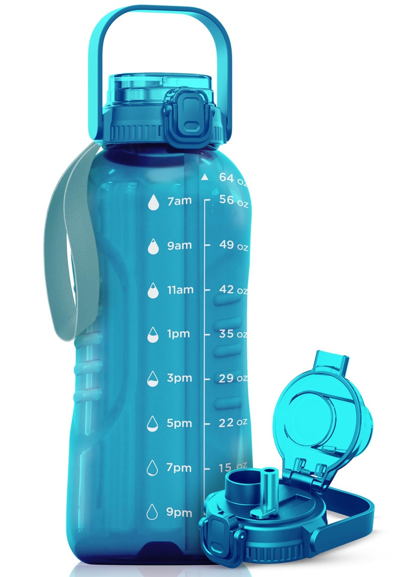 AQUAFIT 64 oz Water Bottle with Time Marker 2in1 Straw Chug Lid BPA Free Big Water Bottle with Straw Gym Water Bottle with Strap Water Jug 64 Ounces Aqua