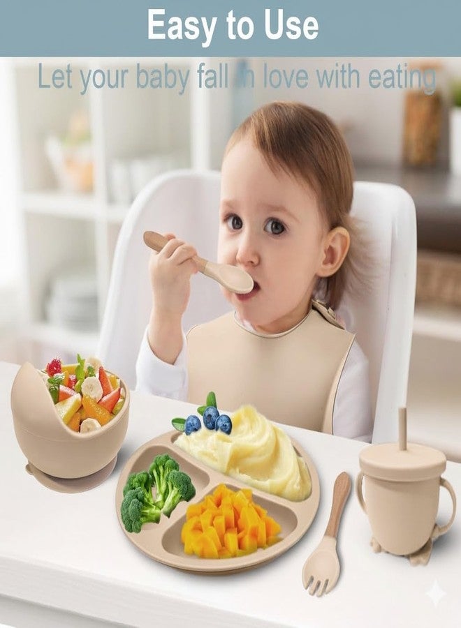 REMICH Baby Feeding Set of 6Pcs - Food Grade Toddlers Silicone Food Plate Sipping Cup Bowl Set with Silicone Bib, Baby Cutleries - Self-Feeding Tableware Set for Toddlers, Stabilizable (Beige) - Image 4
