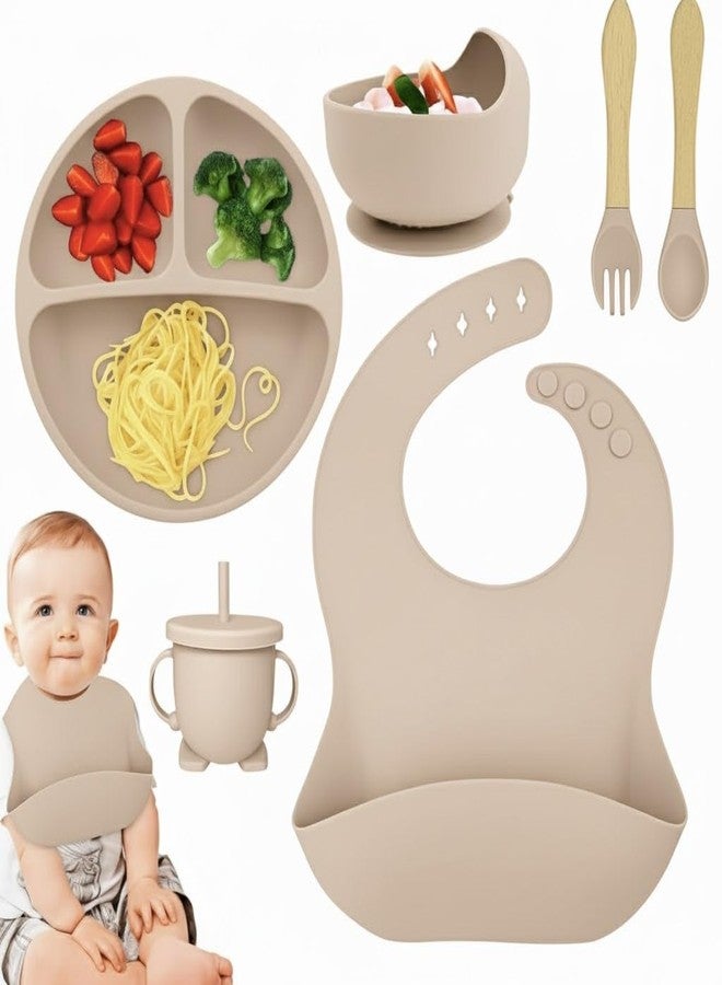 REMICH Baby Feeding Set of 6Pcs - Food Grade Toddlers Silicone Food Plate Sipping Cup Bowl Set with Silicone Bib, Baby Cutleries - Self-Feeding Tableware Set for Toddlers, Stabilizable (Beige) - Image 1