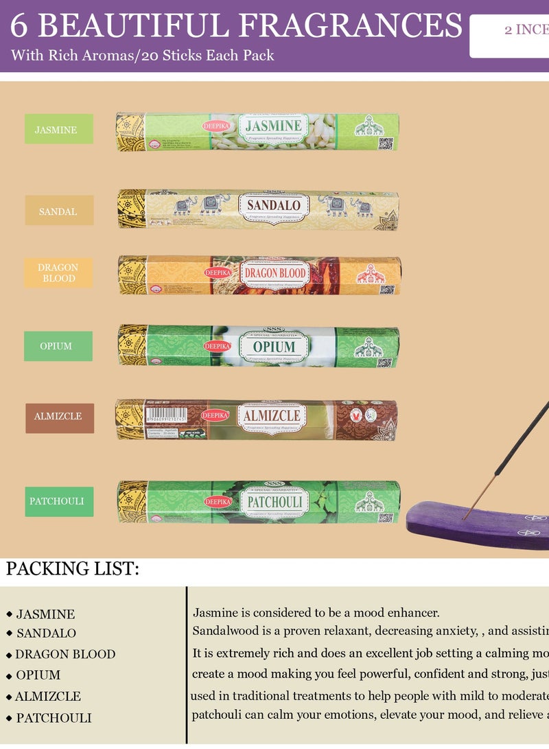 Incense Sticks Gift Set Jasmine, Sandal, Dragon Blood,  Almizcle, Patchouli Six Fragrance Stick for Meditation, Yoga and Home Fragrance 2 Incense Holder Per Pack - (Pack of 6* 20 Sticks)  - Image 3