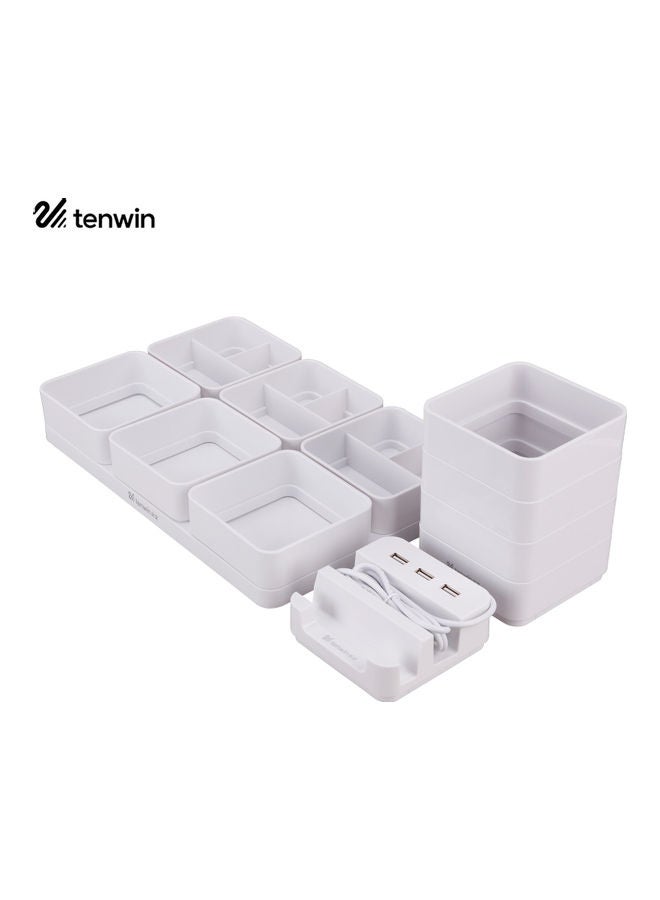 NIBEMINENT 3-in-2 USB Charging Station Pen Holder Storage Box White - Image 2