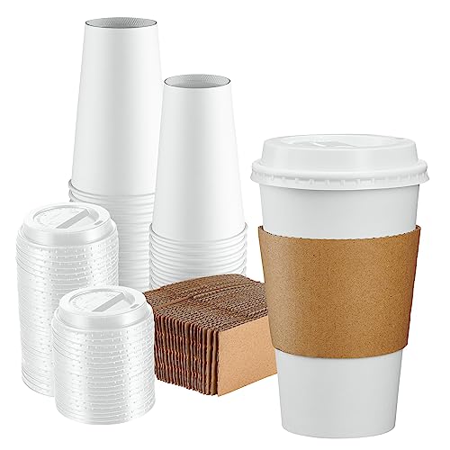 GUSTO 50 Sets 16 oz Disposable White Coffee Cups with White Lids Sleeves  To Go Paper Hot Cups  Formerly Comfy Package