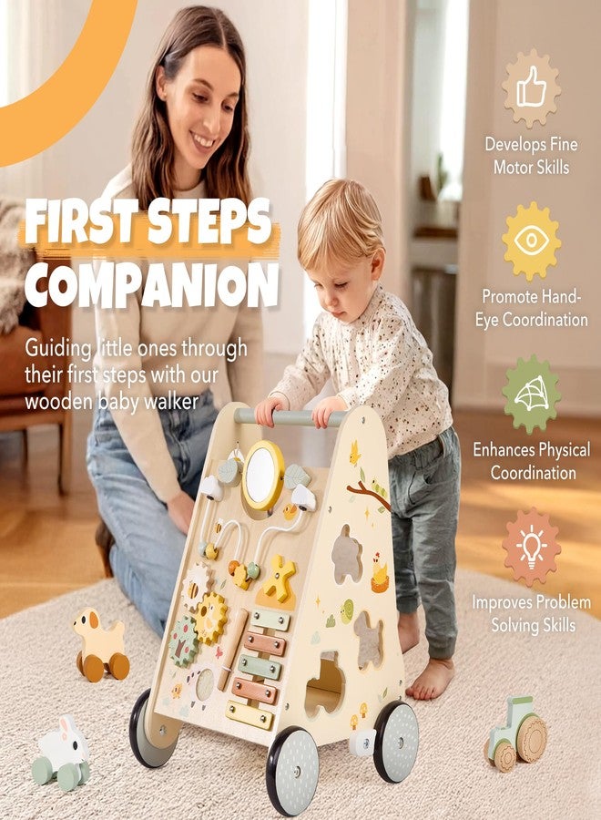 Pithfor Wooden Baby Push Walker, Baby Walker with Activity Center for Girls Boys, Montessori Sensory Push Toys for Babies Learning to Walk & Sit-to-Stand - Image 4