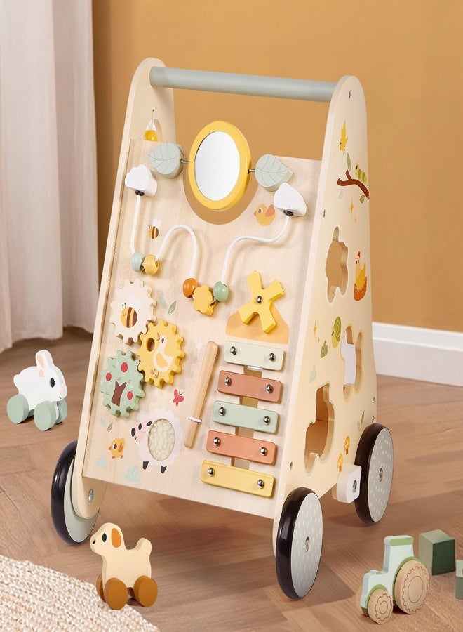 Pithfor Wooden Baby Push Walker, Baby Walker with Activity Center for Girls Boys, Montessori Sensory Push Toys for Babies Learning to Walk & Sit-to-Stand - Image 1