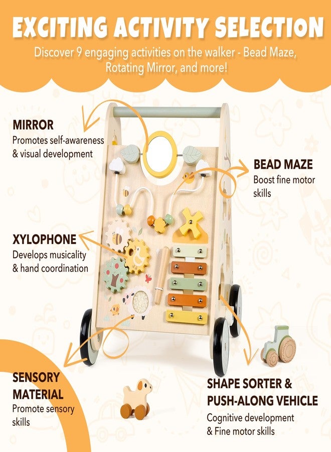 Pithfor Wooden Baby Push Walker, Baby Walker with Activity Center for Girls Boys, Montessori Sensory Push Toys for Babies Learning to Walk & Sit-to-Stand - Image 3