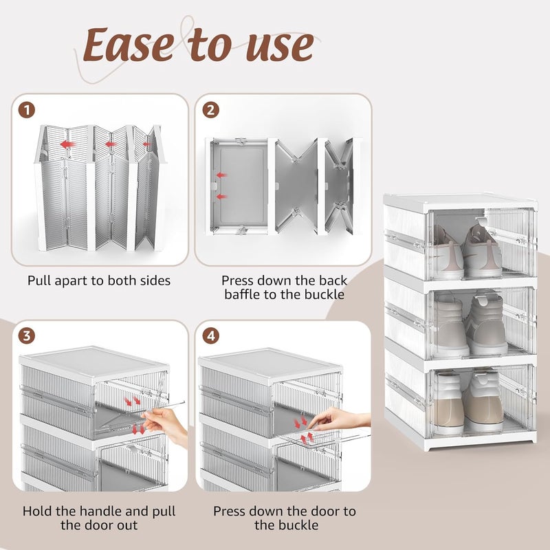 Brikipth Drop Front Shoe Storage Box No Assembly Stackable Shoe Organizer Storage Bins with Clear Door Free Standing Shoe Shelf Cabinet with Lids Plastic Shoe Rack for Closet Entryway Set of 3 - Image 2