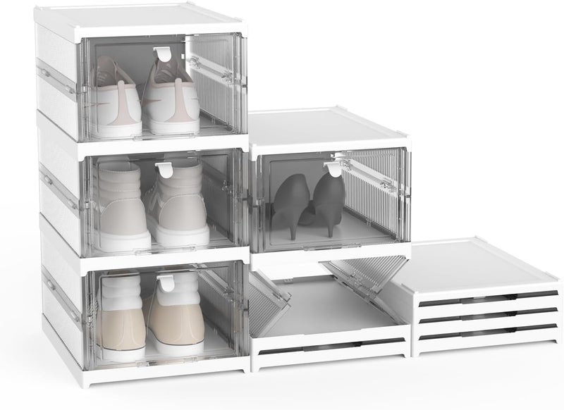 Brikipth Drop Front Shoe Storage Box No Assembly Stackable Shoe Organizer Storage Bins with Clear Door Free Standing Shoe Shelf Cabinet with Lids Plastic Shoe Rack for Closet Entryway Set of 3 - Image 1