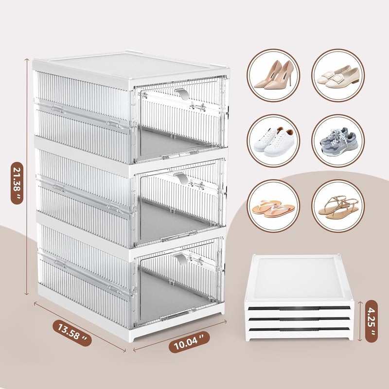 Brikipth Drop Front Shoe Storage Box No Assembly Stackable Shoe Organizer Storage Bins with Clear Door Free Standing Shoe Shelf Cabinet with Lids Plastic Shoe Rack for Closet Entryway Set of 3 - Image 3