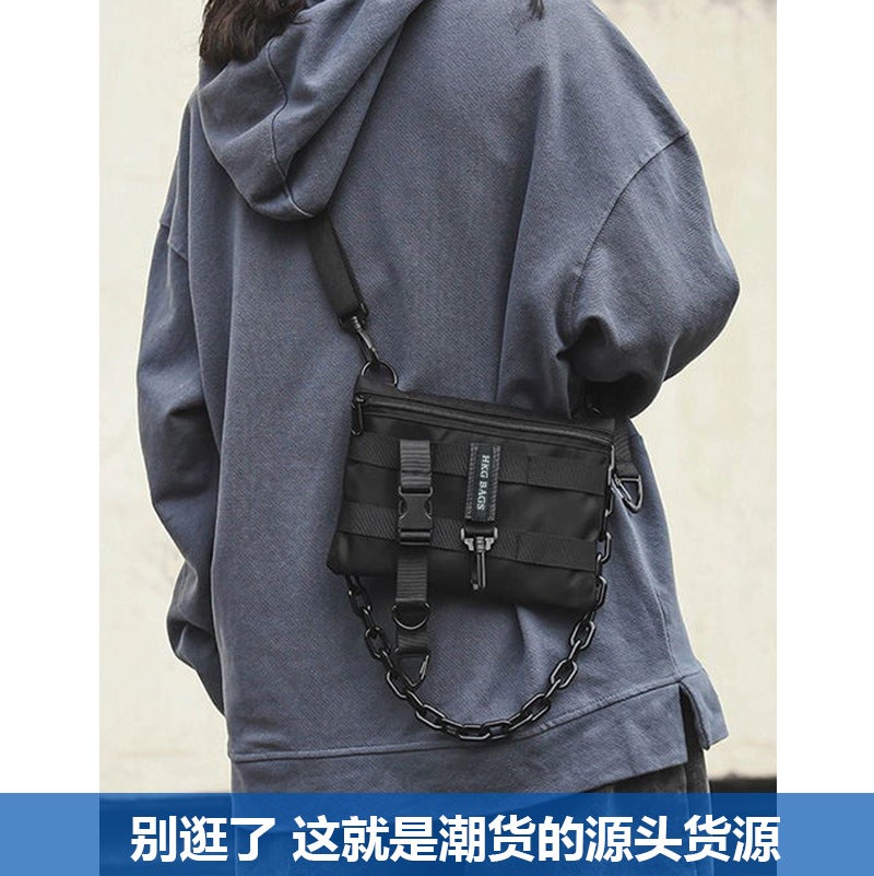 Men's Street Style Crossbody Bag with Chain - Black, Waterproof Oxford - Image 2