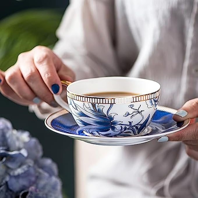 ACMLIFE Tea For One Teapot And Cup Set Vintage Floral Porcelain Tea Set For One Bone China Teapot Set Tea Pot Set Gift For Women Blue - Image 4
