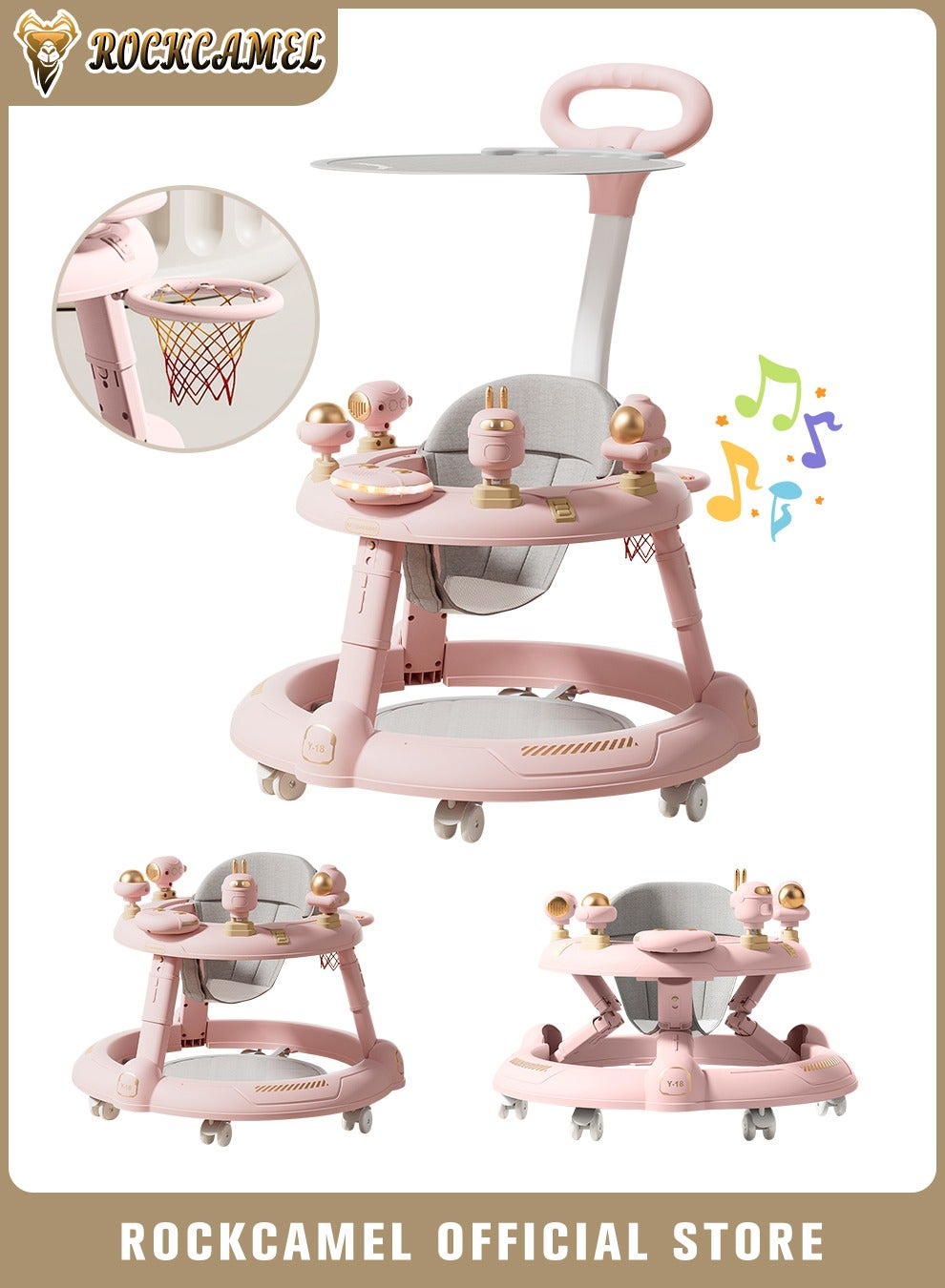 3 in 1 Foldable Baby Walker with Parental Push Handle, Food Tray, Sunshade, Footrest, Adjustable Height, Lights & Musical, Toddler Sit-to-Stand Activity Walker for Kids 7-18 Months (Pink)
