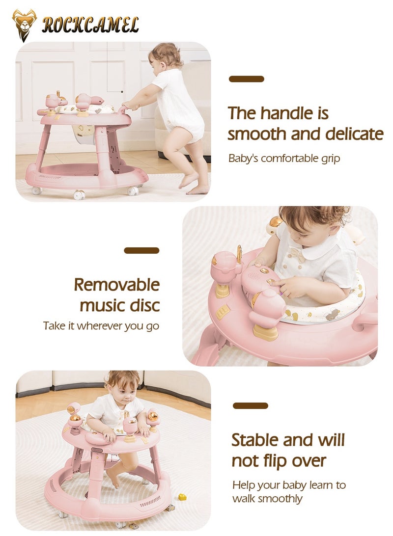ROCKCAMEL 3 in 1 Foldable Baby Walker with Parental Push Handle, Food Tray, Sunshade, Footrest, Adjustable Height, Lights & Musical, Toddler Sit-to-Stand Activity Walker for Kids 7-18 Months (Pink) - Image 3