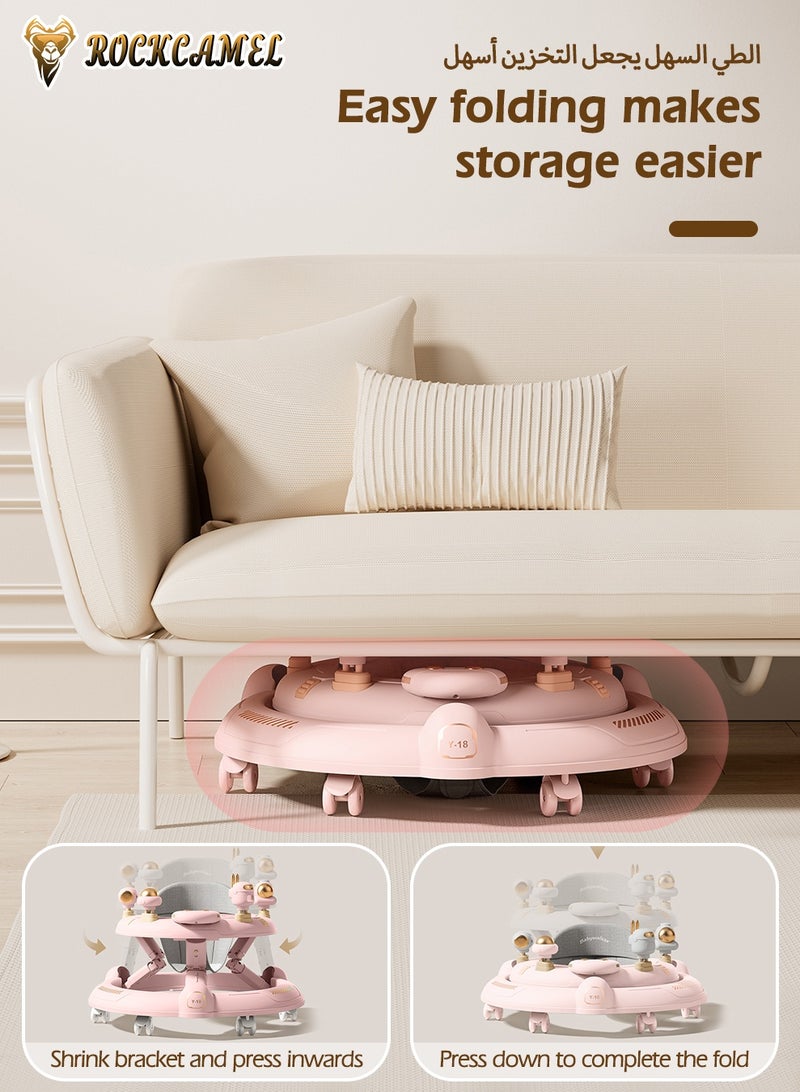 ROCKCAMEL 3 in 1 Foldable Baby Walker with Parental Push Handle, Food Tray, Sunshade, Footrest, Adjustable Height, Lights & Musical, Toddler Sit-to-Stand Activity Walker for Kids 7-18 Months (Pink) - Image 4