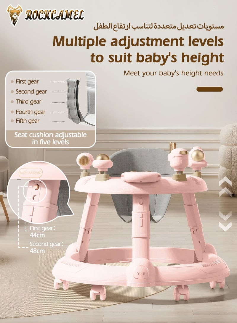 ROCKCAMEL 3 in 1 Foldable Baby Walker with Parental Push Handle, Food Tray, Sunshade, Footrest, Adjustable Height, Lights & Musical, Toddler Sit-to-Stand Activity Walker for Kids 7-18 Months (Pink) - Image 5