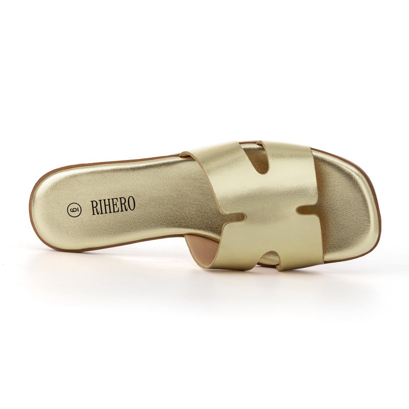 Rihero Women's Dressy Flat Sandals Comfortable Slip On Leather Slide Gold Sandals - Image 5