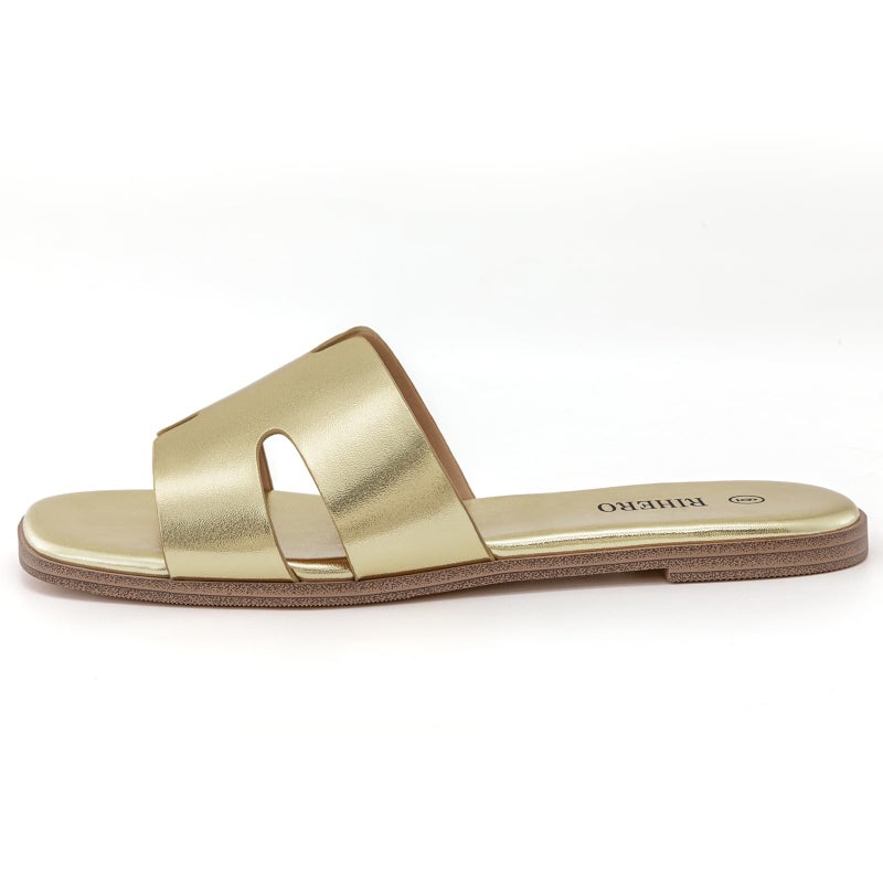Rihero Women's Dressy Flat Sandals Comfortable Slip On Leather Slide Gold Sandals - Image 4