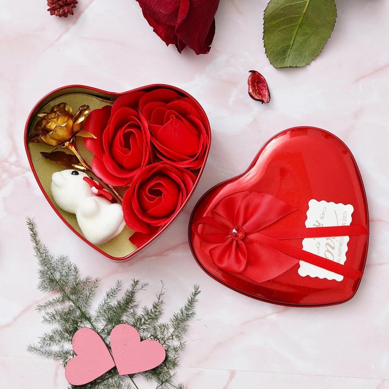 The Decor Affair The Decor Affair Red HeartShaped Gift Box with 1 Golden Rose 3 Deep Red Roses 1 Sweet Teddy Bear and a Thoughtful Card A Symbolic Symphony of Love 