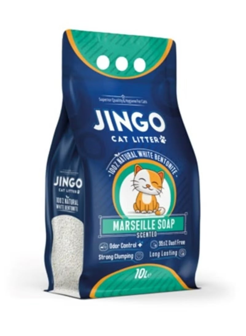 JINGO specially formulated cat litter, 10 litters , 8kg , high absorption and clumping performance , soap scent.