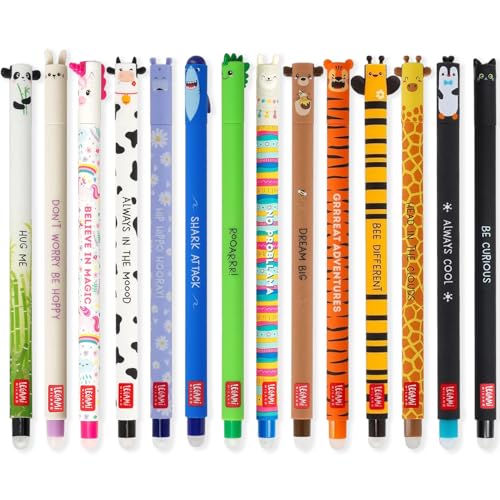 LEGAMI Set of 14 Cute Erasable Gel Pens with Thermosensitive Erase Ink Range of ink colours barrel designs 07mm Tip Animal Designs Panda Bunny Unicorn etc - Image 1