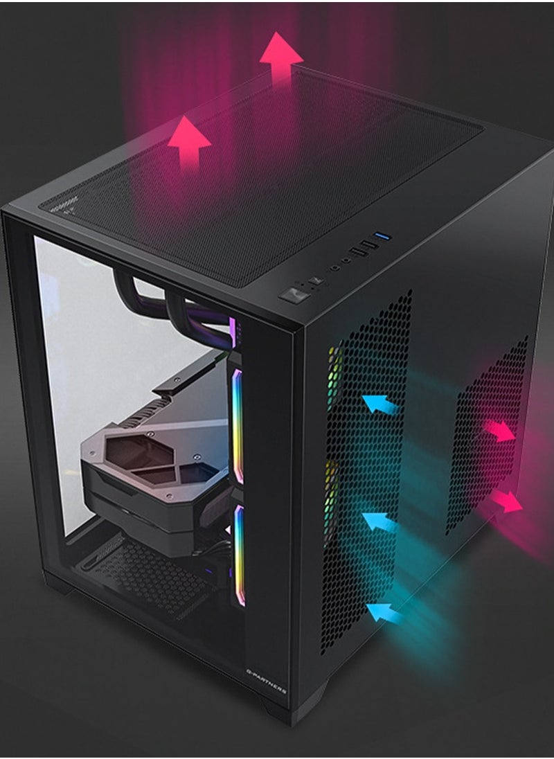 ATX Mid-Tower PC Gaming Case, Full-View Dual Tempered Glass Panel, Wood-Grain Design I/O Interface, Support 4090 GPUs, 240mm Radiator Support, (cooling fans not inliclude)Black