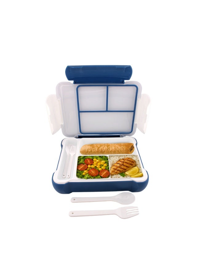 BrainGiggles Bento Lunch Box -Leakproof, BPA-Free, Airtight Tiffin with Spoon & Fork- 3 Compartments+ Separate Cutlery Compartment BentoBox For Kids & Adults -Perfect for Office & School (Blue) - Image 1