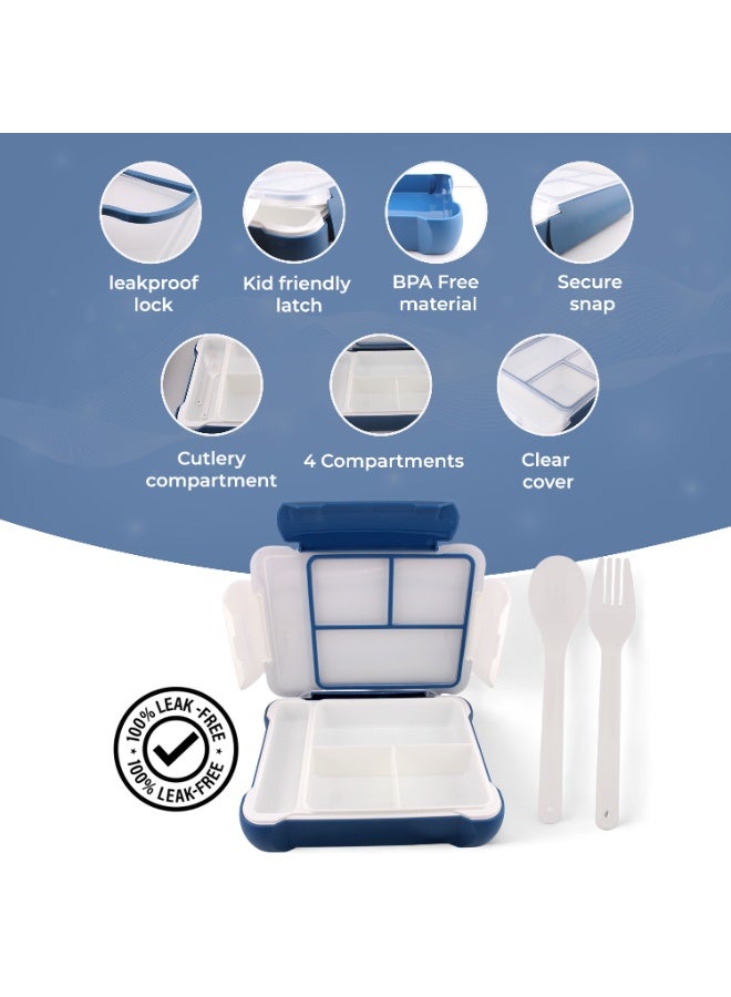 BrainGiggles Bento Lunch Box -Leakproof, BPA-Free, Airtight Tiffin with Spoon & Fork- 3 Compartments+ Separate Cutlery Compartment BentoBox For Kids & Adults -Perfect for Office & School (Blue) - Image 3