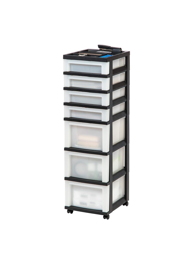 IRIS IRIS USA Plastic Drawer Storage Organizer Rolling Cart with Wheels Casters 7Drawers for Classroom Art Craft Supplies Dresser Closet Bathroom Bedroom Top Organizer for Small Parts BlackPearl 