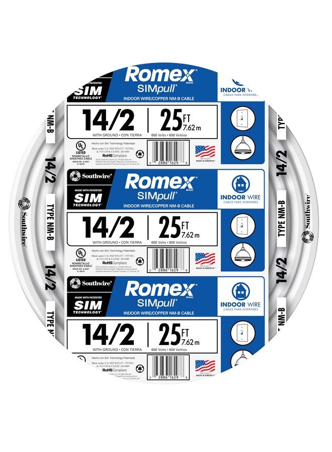 Southwire Romex Brand Simpull Solid Indoor 14/2 W/G NMB Cable 25ft coil - SW# 28827421 - Image 1