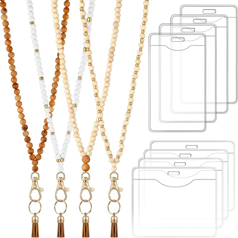 klarako 12 Pieces Wood Beaded Lanyards and Card Holder Set, Including 4 Wooden Bead Neck Strap Bohemian Bead Lanyards with Tassel and 8 Clear Card Holders in 2 Style for Keys, Phone Bags (Retro Style) - Image 1