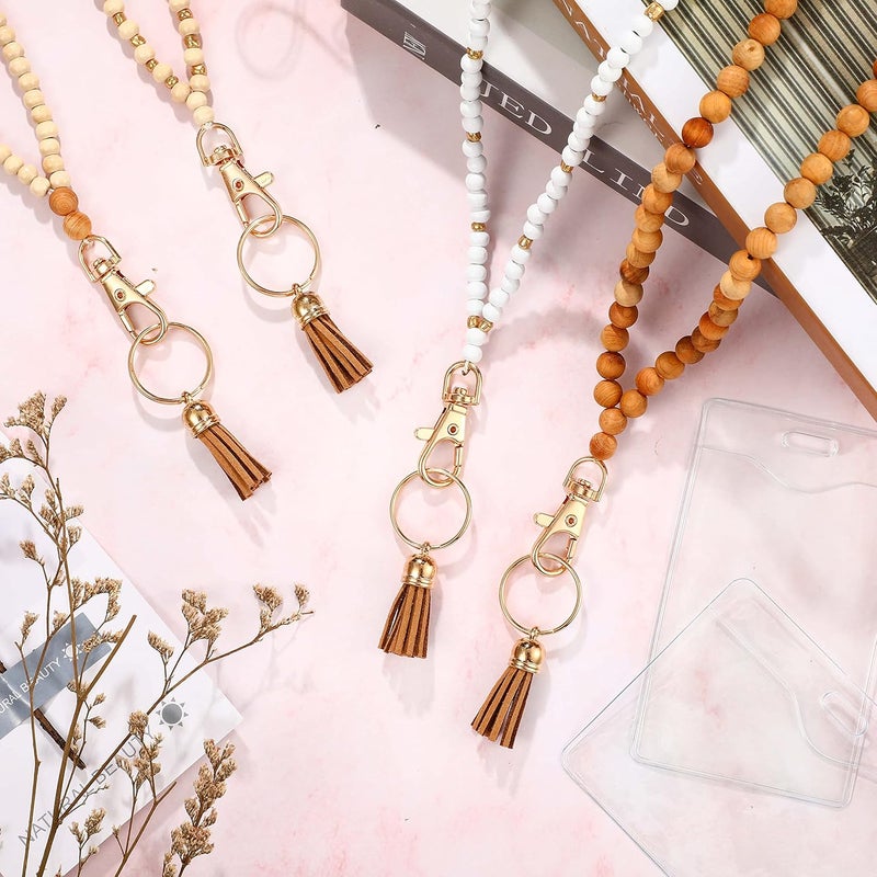 klarako 12 Pieces Wood Beaded Lanyards and Card Holder Set, Including 4 Wooden Bead Neck Strap Bohemian Bead Lanyards with Tassel and 8 Clear Card Holders in 2 Style for Keys, Phone Bags (Retro Style) - Image 4