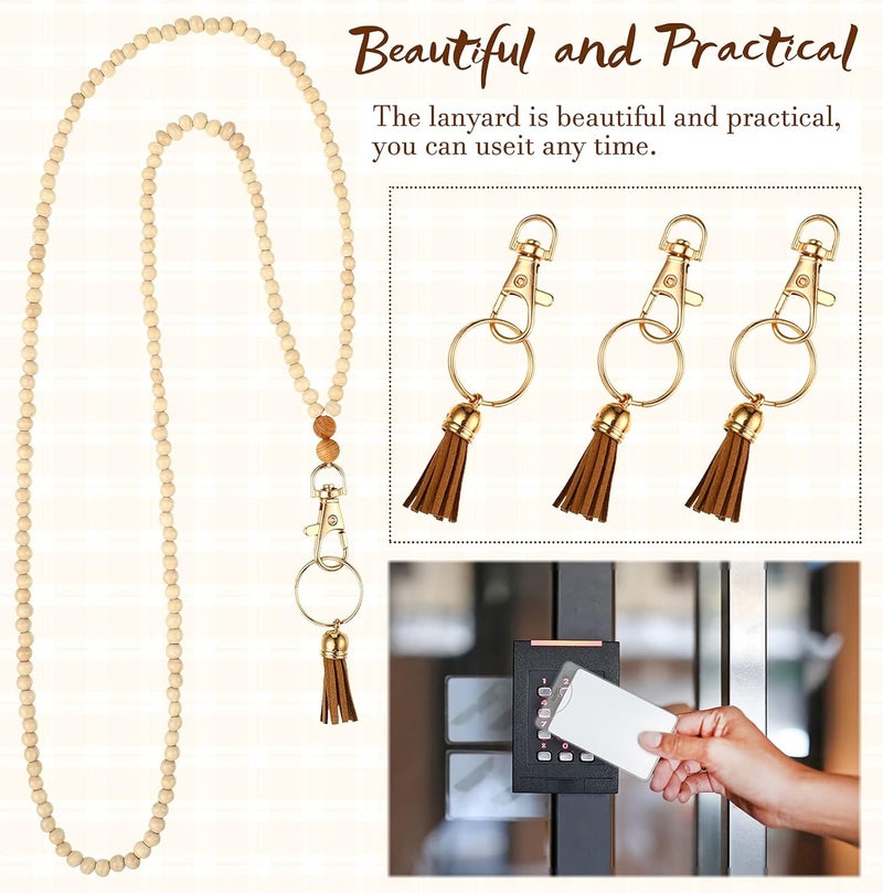 klarako 12 Pieces Wood Beaded Lanyards and Card Holder Set, Including 4 Wooden Bead Neck Strap Bohemian Bead Lanyards with Tassel and 8 Clear Card Holders in 2 Style for Keys, Phone Bags (Retro Style) - Image 5