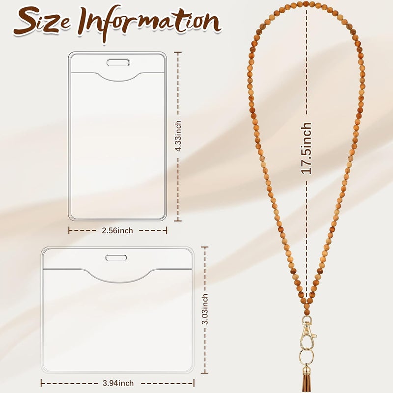 klarako 12 Pieces Wood Beaded Lanyards and Card Holder Set, Including 4 Wooden Bead Neck Strap Bohemian Bead Lanyards with Tassel and 8 Clear Card Holders in 2 Style for Keys, Phone Bags (Retro Style) - Image 2