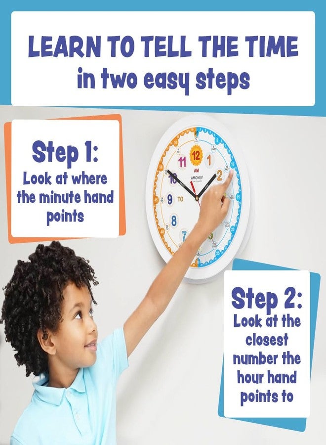 Amonev Time Teacher Clock Children's Clock, Easy to Read Analogue Clock with Silent Ticking. Teach Children How to Tell The Time - White. - Image 2