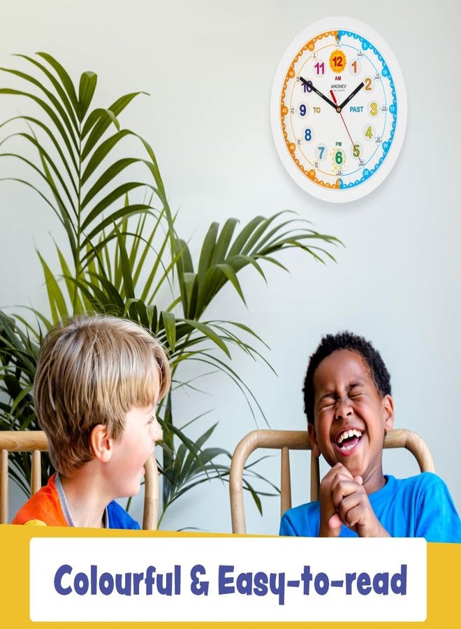 Amonev Time Teacher Clock Children's Clock, Easy to Read Analogue Clock with Silent Ticking. Teach Children How to Tell The Time - White. - Image 3