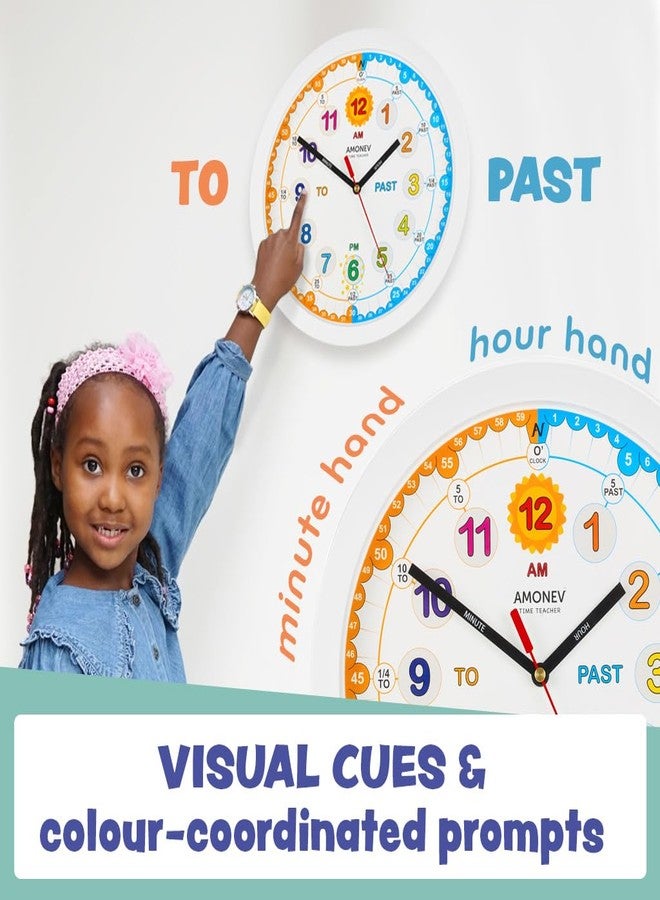 Amonev Time Teacher Clock Children's Clock, Easy to Read Analogue Clock with Silent Ticking. Teach Children How to Tell The Time - White. - Image 4