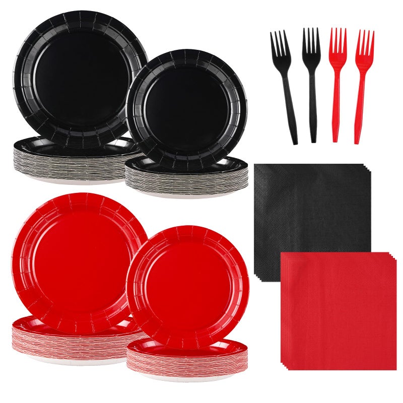 Grencian 96 Pcs Red and Black Party Supplies Black and Red Paper Plates and Napkins Disposable Valentine's Day Tableware Set for Valentines Day Red Black Wedding Birthday Party Decorations Serves 24 - Image 1