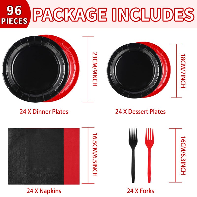 Grencian 96 Pcs Red and Black Party Supplies Black and Red Paper Plates and Napkins Disposable Valentine's Day Tableware Set for Valentines Day Red Black Wedding Birthday Party Decorations Serves 24 - Image 2