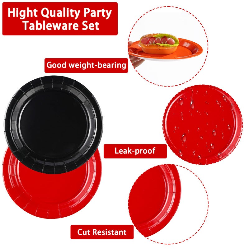 Grencian 96 Pcs Red and Black Party Supplies Black and Red Paper Plates and Napkins Disposable Valentine's Day Tableware Set for Valentines Day Red Black Wedding Birthday Party Decorations Serves 24 - Image 3