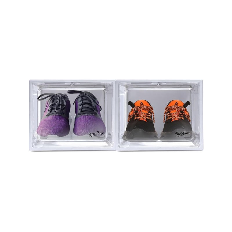 Bear Care Storage Box Transparent Pack of 2 Side Opening Heavy Duty Shoe Box Stackable Sneaker Crates With Magnetic Closure Shoe Storage Organizer Container