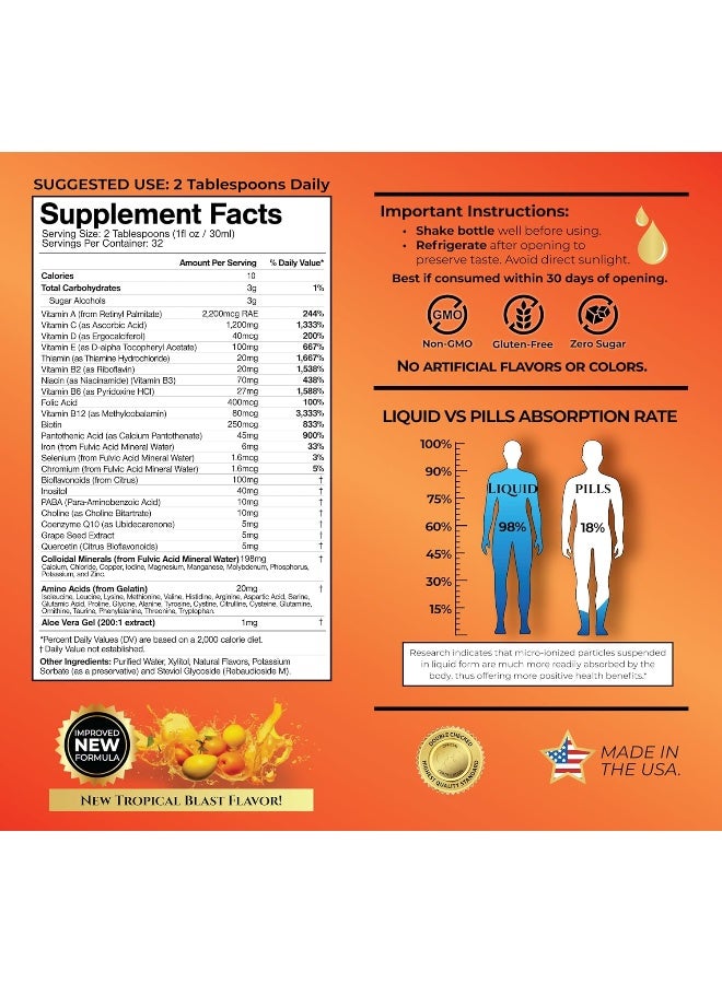 Tropical Oasis Mega Premium Liquid Multivitamin | Natural Immune Support & Anti-Aging Multi-Vitamin w/20 Vitamins, 70 Minerals, 21 Amino Acids, CoQ10 & PABA | Sugar Free | Orange Flavor | 98% Absorption | 32 Serv - Image 2
