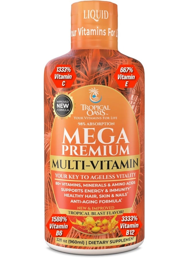 Tropical Oasis Mega Premium Liquid Multivitamin | Natural Immune Support & Anti-Aging Multi-Vitamin w/20 Vitamins, 70 Minerals, 21 Amino Acids, CoQ10 & PABA | Sugar Free | Orange Flavor | 98% Absorption | 32 Serv - Image 1