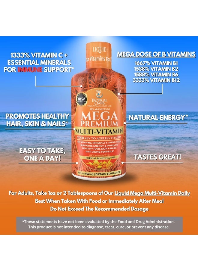 Tropical Oasis Mega Premium Liquid Multivitamin | Natural Immune Support & Anti-Aging Multi-Vitamin w/20 Vitamins, 70 Minerals, 21 Amino Acids, CoQ10 & PABA | Sugar Free | Orange Flavor | 98% Absorption | 32 Serv - Image 4