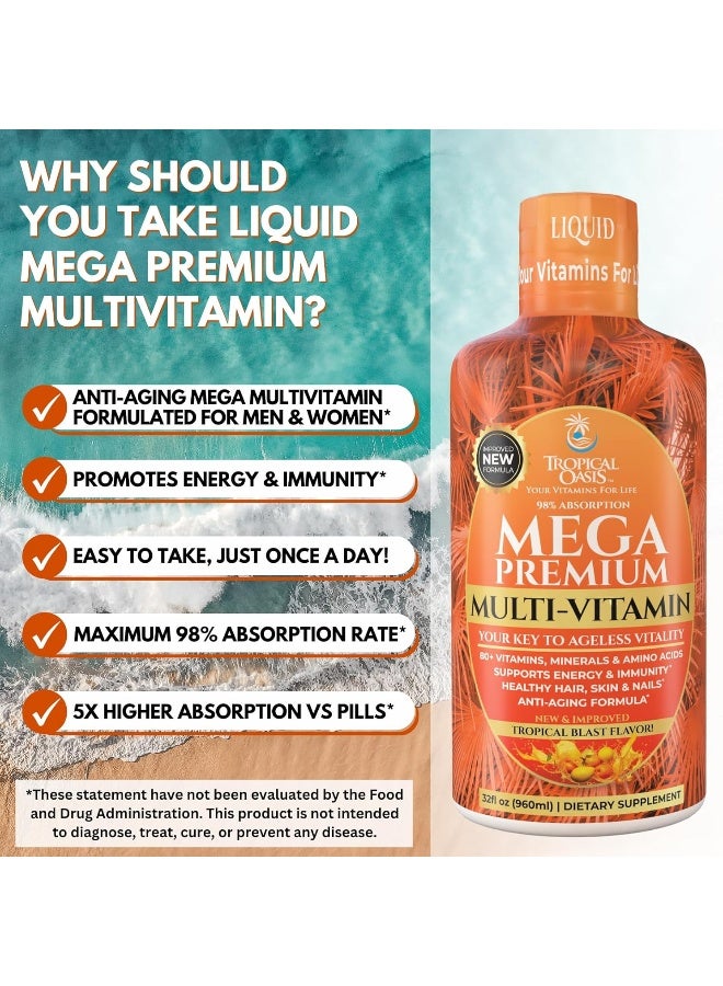Tropical Oasis Mega Premium Liquid Multivitamin | Natural Immune Support & Anti-Aging Multi-Vitamin w/20 Vitamins, 70 Minerals, 21 Amino Acids, CoQ10 & PABA | Sugar Free | Orange Flavor | 98% Absorption | 32 Serv - Image 5